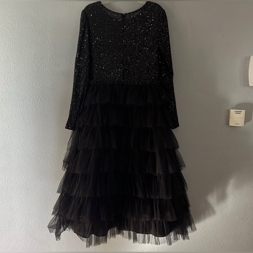 NWT MAC DUGGAL LONG SLEEVED RUFFLE TIERED MIDI DRESS BLACK  26299 - Picture 4 of 14